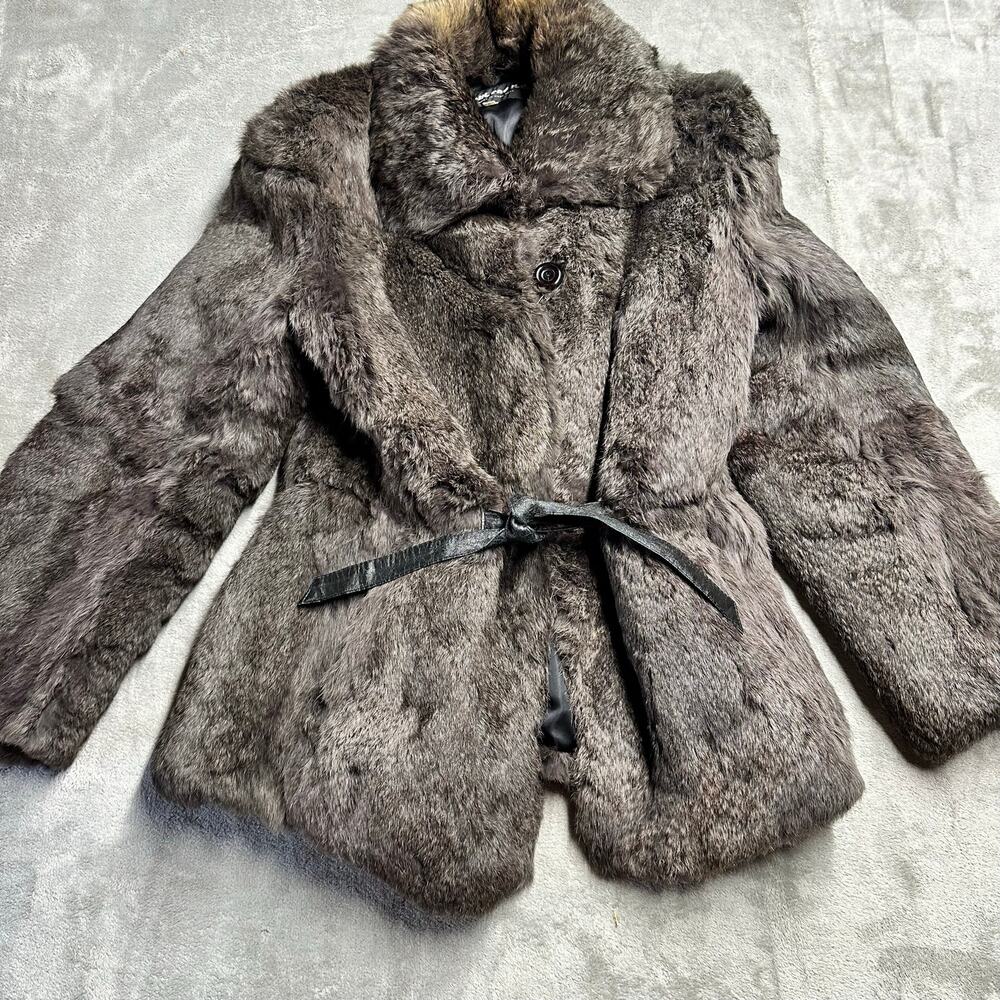 Vintage Grey Brownish Black Rabbit Fur Jacket Coat Split End Limited Womens L